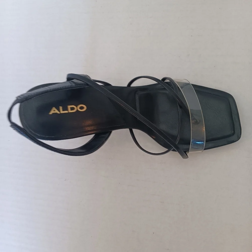 Aldo Sandals Women's Size 8 Juliet Heeled Black Straps Clear Toe Band Square Toe - Picture 6 of 12